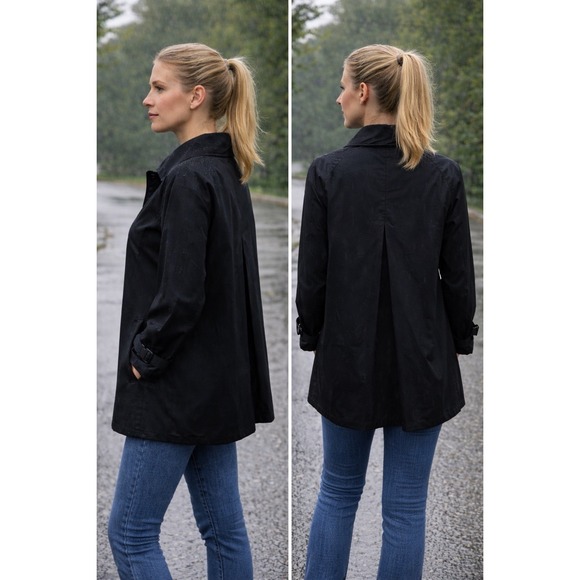 Norma Kamali Womens Black Long Sleeve Collared Button Up Rain Coat Size 14 - Picture 2 of 6